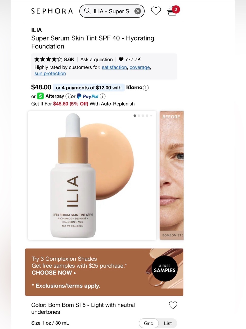 ILIA Super Serum Skin Tint SPF 40 — Bom Bom (Light Neutral)
